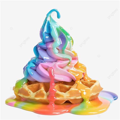 Rainbow Sweet Drip Ice Cream Melt Flow On Waffle Rainbow Sweet Drip