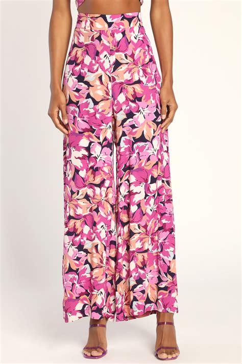 Magenta Floral Print Pants Wide Leg Pants High Waisted Pants Lulus