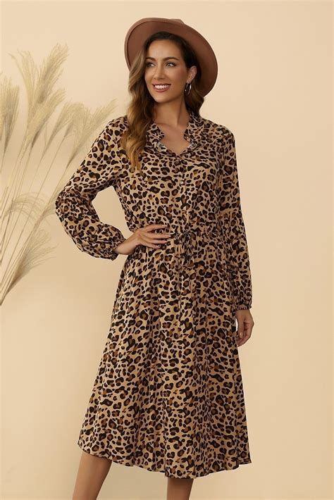 Leopard Print Long Sleeve Elastic Waist Midi Dress IvyAlpha