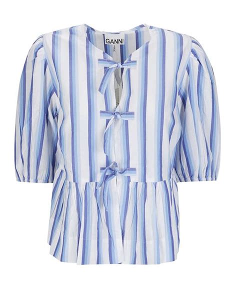 Ganni Stripe Cotton Peplum Puff Sleeve Blouse In Blue Lyst