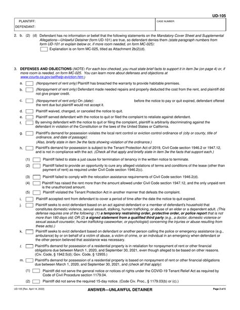 Form Ud 105 Download Fillable Pdf Or Fill Online Answer Unlawful Detainer California