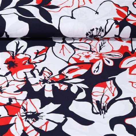 Popeline De Viscose Grandes Feuilles Et Fleurs Blanc Rouge Snaply