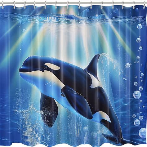 Oceanic Majesty Blue Orca Killer Whales Shower Curtain Vibrant Colors