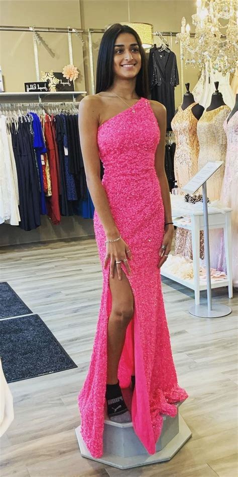 One Shoulder Hot Pink Sequins Long Formal Gown Pink Prom Dresses Hot