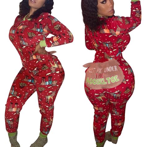 Women Sexy Christmas Onesie Pajamas Deep V Neck Bodycon Jumpsuit Fake Butt Flap Bodysuits