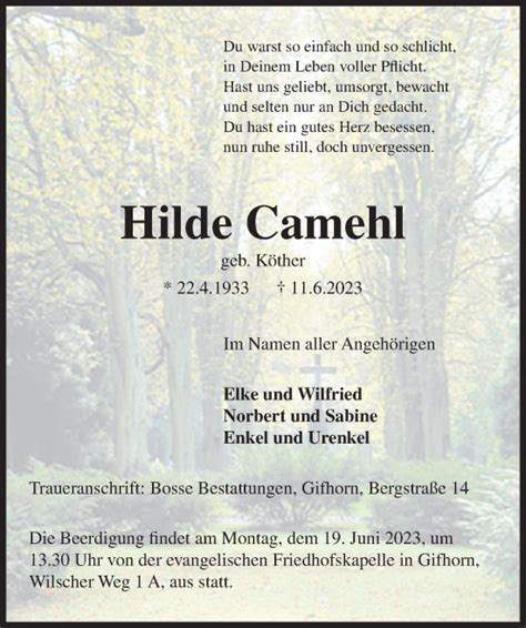 Traueranzeigen Von Hilde Camehl Trauer Anzeigen De