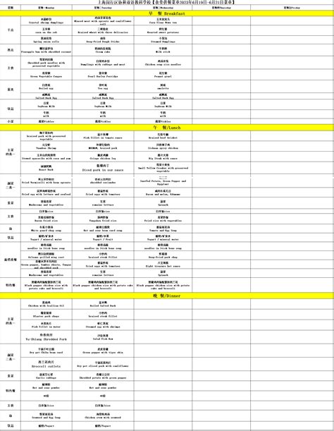 食堂供餐菜单2023年6月19日 6月21日 上海闵行区协和双语教科学校
