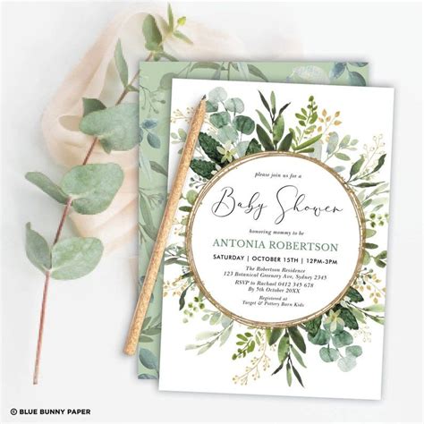 Editable Greenery Baby Shower Invitation Green Gold Watercolor