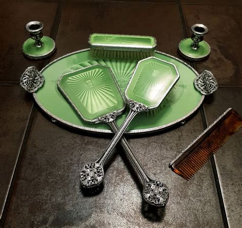 Vintage 7pc Vanity Dressing Table Set Green Faux Guilloche Silver Filigree Etsy