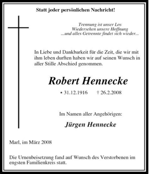 Traueranzeigen Von Robert Hennecke Trauer In Nrw De