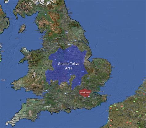 Map of Greater Tokyo vs. England: Size Comparison