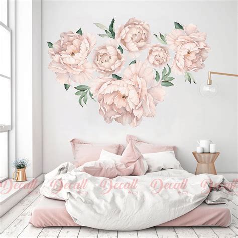 Soft Pink Peony Flowers Nursery Wall Sticker Reusable Watercolor Wall