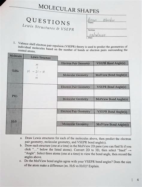 SOLVED: Molecular Shapes Questions Eylan Nhmc Lewis Structures VSEPR ...