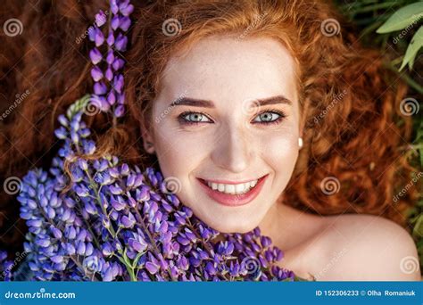 Female Beauty Portrait Red Haired Girl Smiles Stock Image Image Of