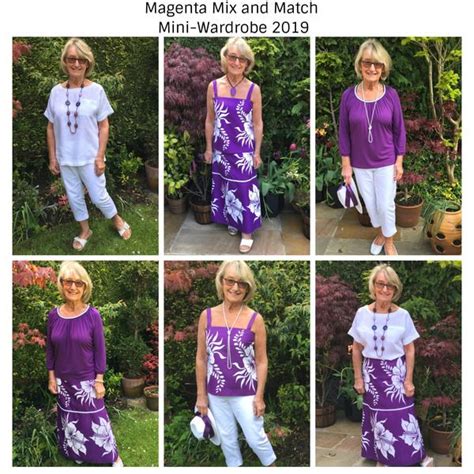 Six Pictures Of Women In Purple And White Outfits With Flowers On Them