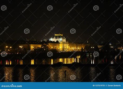 Theater National Vltava River Night Prag Nocni Praha. Stock Image ...