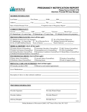 Fillable Online Pregnancy Notification Form Molina Healthcare Fax