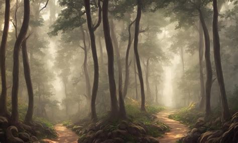 Dark Mystical Forest Scary Curved Trees Morning Fog In The Dense Forest