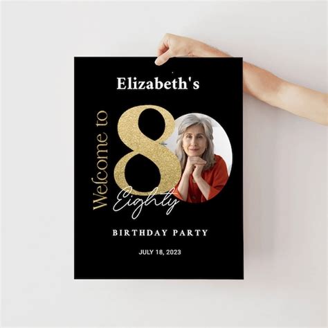 80th Birthday Welcome Sign Black Gold Eighty Adult Birthday Invitation