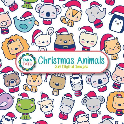 Cute Animals Christmas Clipart / Hand Drawn Kawaii Christmas Animals ...