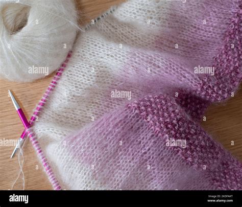 Pink And White Ombre Mohair Hand Knitted Sweater With Stitches