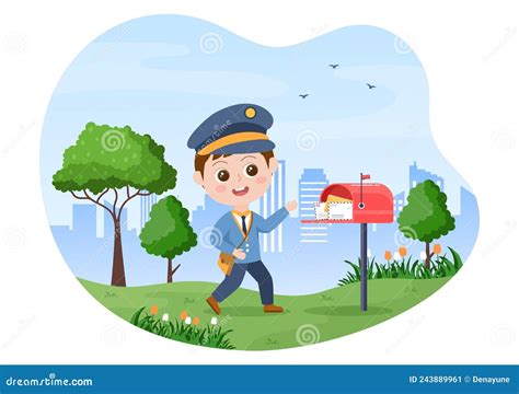 Postman Placing A Letter Into Mailbox Cartoon Vector CartoonDealer