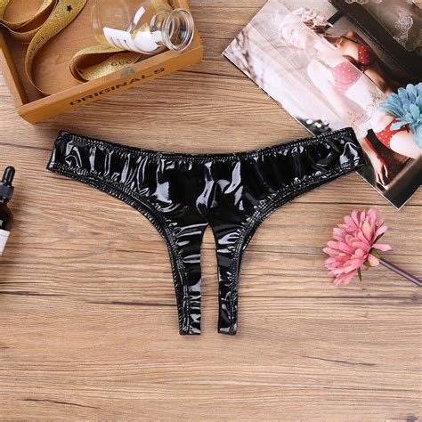 Latex Women Wetlook Leather Open Crotch Briefs Panties Zip Lingerie