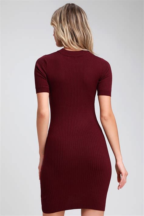 Chic Burgundy Dress Ribbed Bodycon Dress Bodycon Mini Dress