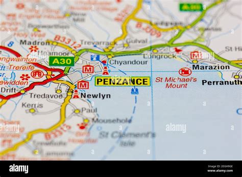Penzance And Surrounding Areas Shown On A Road Map Or Geography Map