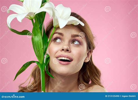 Portrait Of Woman With White Flowers Beautiful Face Pink Background Naked Shoulders Stock Photo
