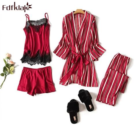 Fdfklak High Grade New Silk Pajamas For Women Spring Summer Striped