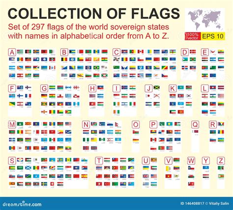 Set Of Flags Of The World Sovereign States With Names In