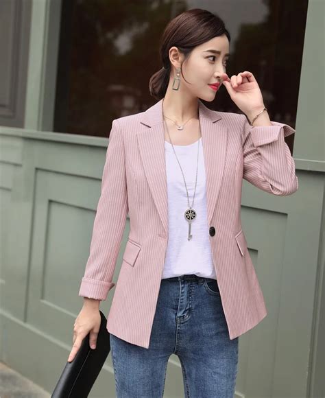 Fashion Casual Pink Vertical Striped Blazer Women Blazers And Jackets Female Work Wear Business