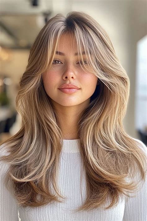 Curtain Bangs With Layered Long Hair Honey Blonde Layers With Flowing Curtain Bangs