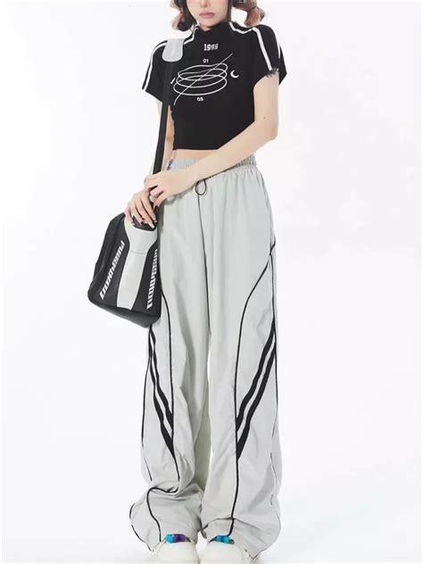 Qweek Harajuku Egirl Gray Track Pants Women Y K Vintage Striped