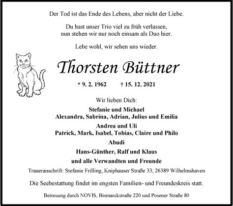 Traueranzeigen von Thorsten Büttner nordwest trauer de