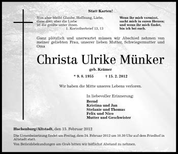 Traueranzeigen Von Christa Ulrike M Nker Rz Trauer De