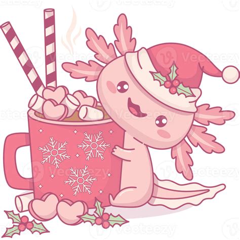 Christmas Axolotl Santa With Hot Cocoa With Marshmallows PNG