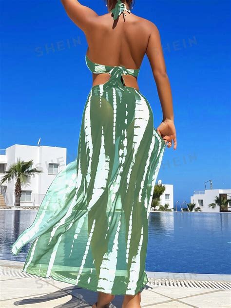 Shein Swim Vcay Summer Beach Tie Dye Halter Triangle Bikini Set With Cover Up Shein Usa