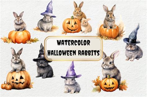 Watercolor Halloween Rabbits Clipart Fall Halloween Pumpkins Etsy