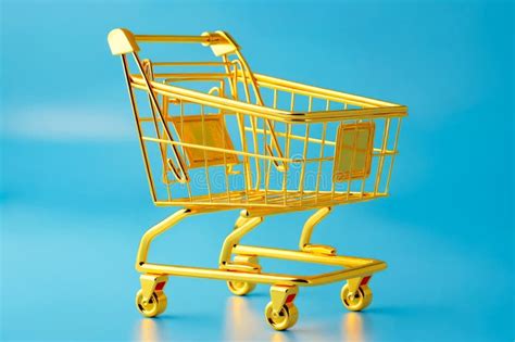 Gold Shopping Cart On Blue Background Generative Ai Stock Illustration