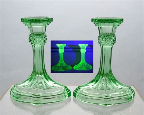 Vintage Bagley Uranium Glass Candle Holders Pair Tall Art Etsy Uk Glass Candle Holders