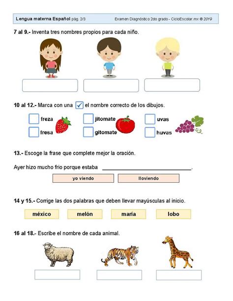 Examen Diagnóstico SEGUNDO grado 2019 2020 Imagenes Educativas