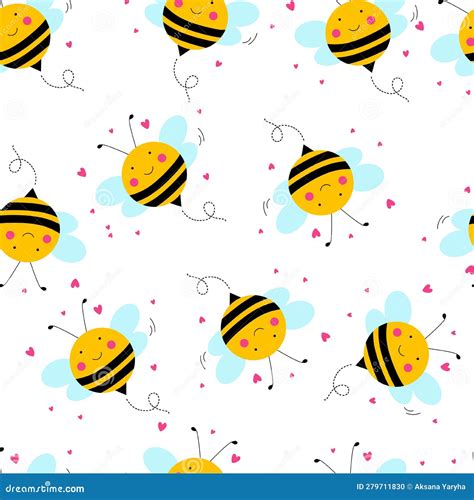 Vector Cute Cartoon Bee Seamless Pattern Background Stock Vector