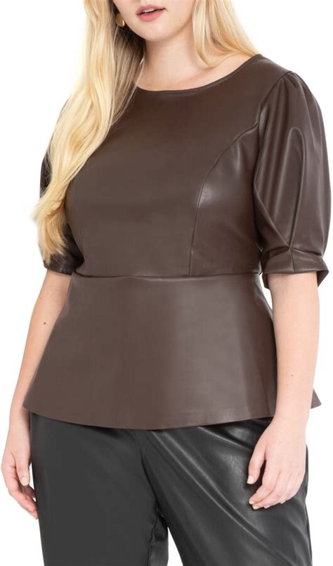 Eloquii Faux Leather Puff Sleeve Peplum Top Shopstyle