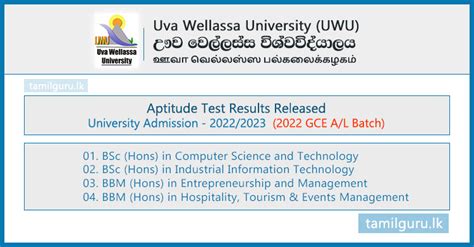 Uva Wellassa University Aptitude Test Results Released 2023