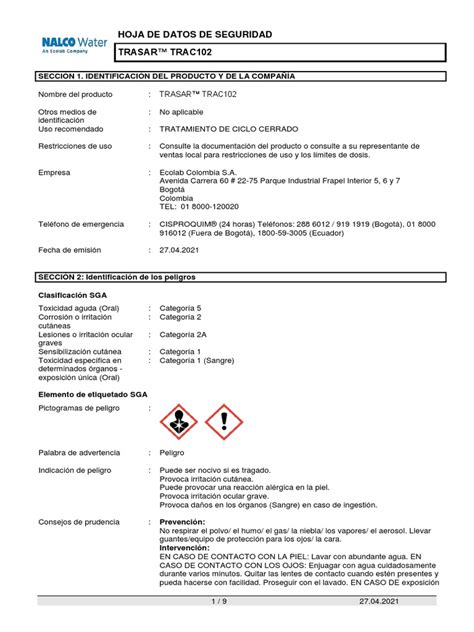 Sds Trac 102 Pdf Reciclaje Agua