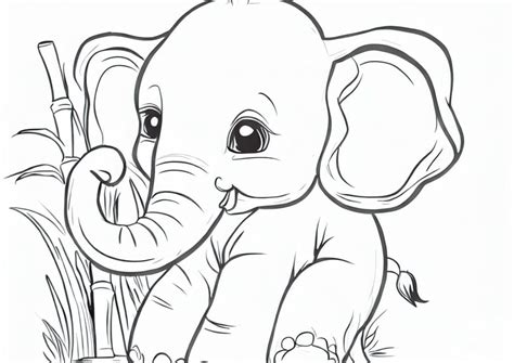 Printable of Baby Elephant, Coloring Page for Baby Elephant With Sugar Cane, Pencil Coloring ...