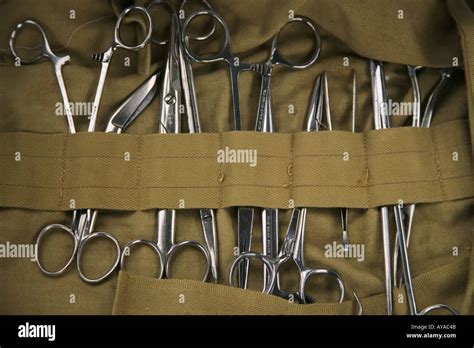 Surgical Instruments In Canvas Military Medics Field Kit Stock Photo