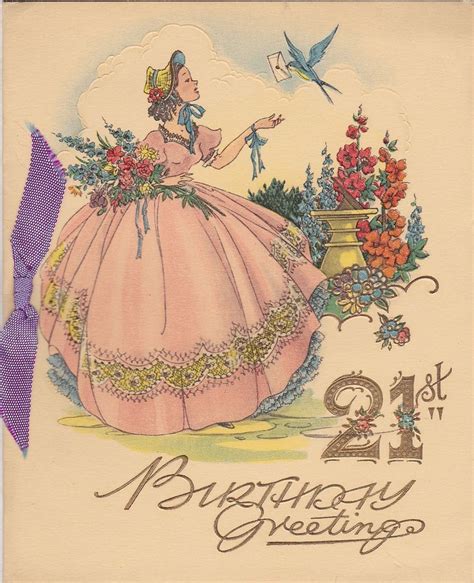 Beautiful Vintage 21st Birthday Card Crinoline Lady Embossed